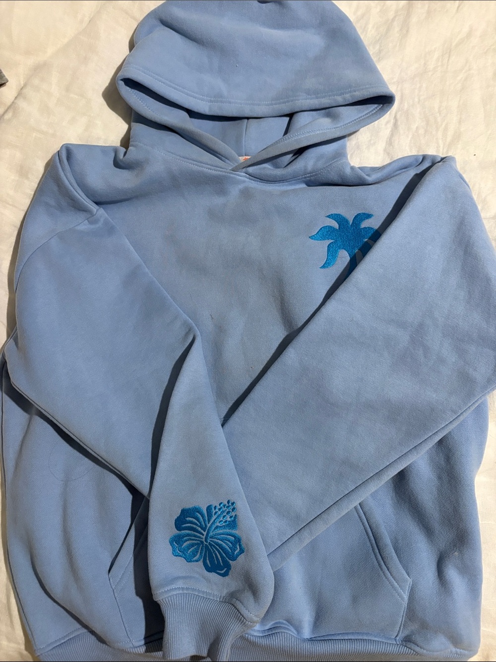 Light Blue Embroidered Palm & Hibiscus Hoodie